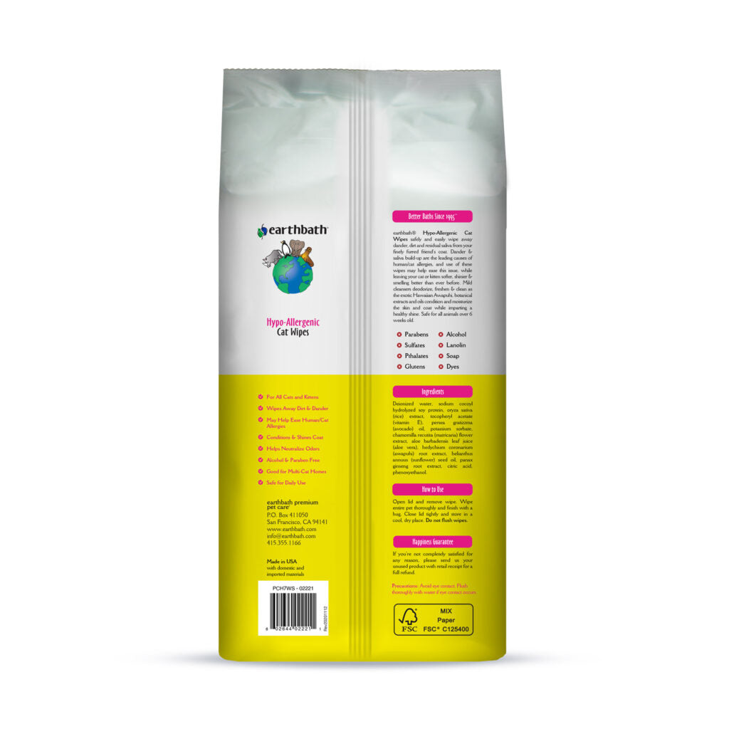 Earthbath® Hypo-Allergenic Cat Grooming Wipes, Fragrance Free, Cleans & Conditions, 100 ct plant-based wipes in re-sealable pouch