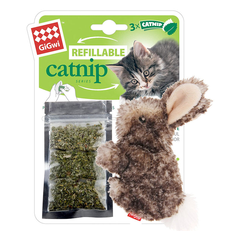 Gigwi Rabbit Fluffy Plush Cat Toy with 3 Refillable Catnip Bags